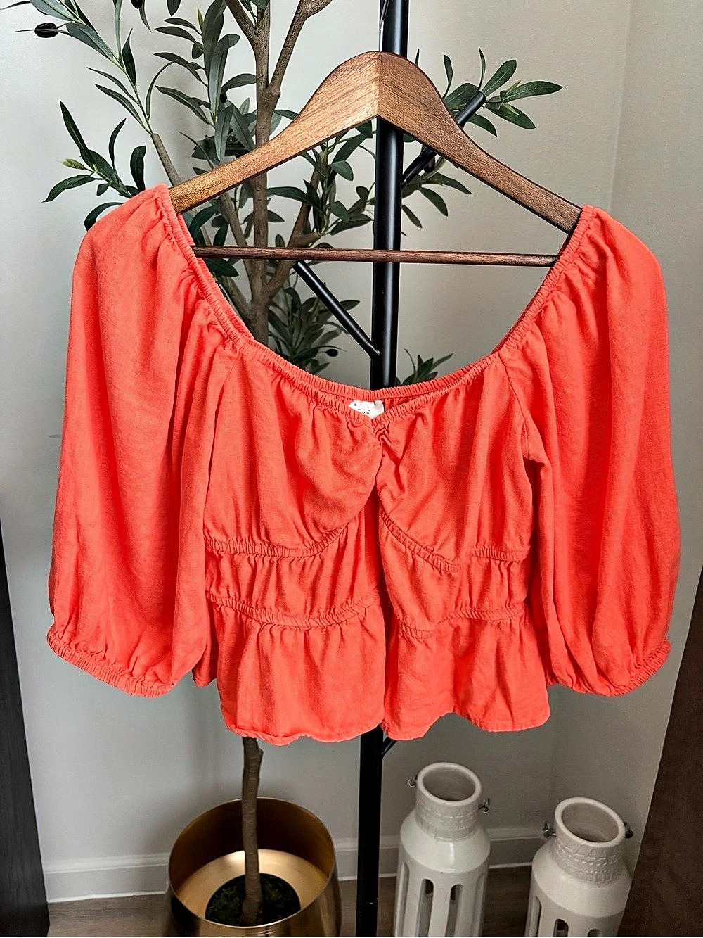 a new day Orange Puff Sleeve Blouse Size Medium Like New